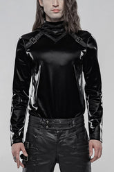 Schwarzes Gothic-T-Shirt für Herren mit hohem Kragen, langen Ärmeln und Haifischhaut-Imitat